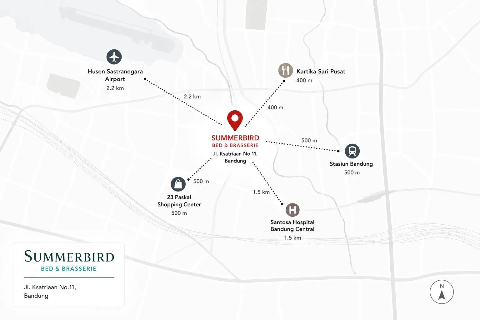 Peta lokasi Summerbird Bed & Brasserie Bandung — dekat Stasiun Bandung, Bandara Husein Sastranegara, 23 Paskal & Kartika Sari